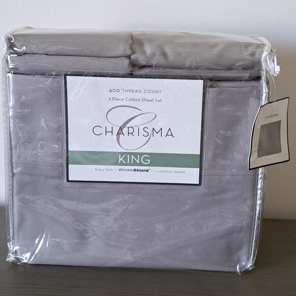 Charisma Cotton 400 Thread Count Wrinkle Shield Sateen Sheet Set King Grey 5-pc - Picture 1 of 6